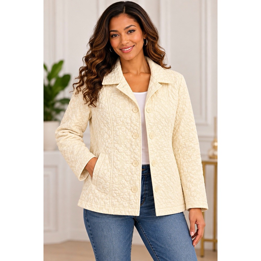 Requirements R.Q.T. Women XL Cream Quilted Button Front Jacket Textured NWOT
